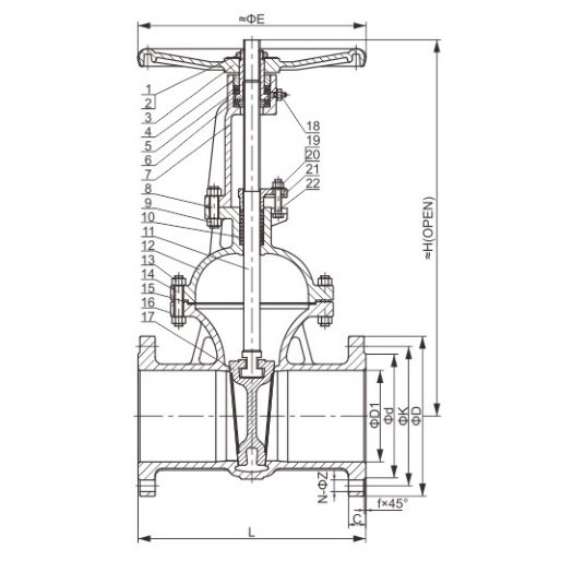 ANSI Class 300 Flanged Gate Valve Structure diagram