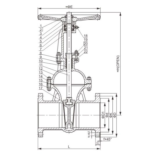 JIS 20K Flanged Gate Valve Structure diagram