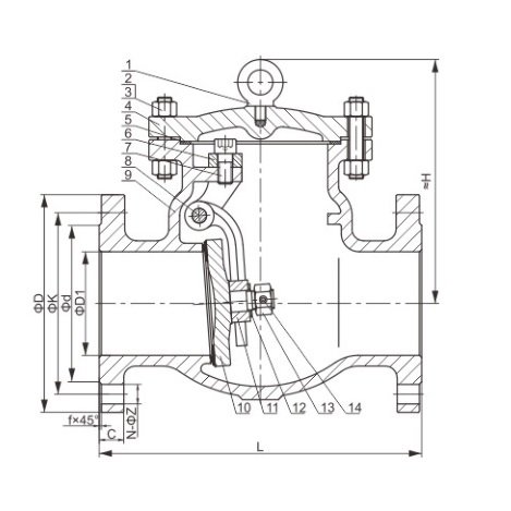 JIS 20K Swing Check Valve Flanged 50A 500A Structure diagram JIS 20K Swing Check Valve Flanged 50A-500A Structure diagram