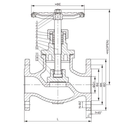 NRS JIS 10K Flanged Globe valve Structure diagram