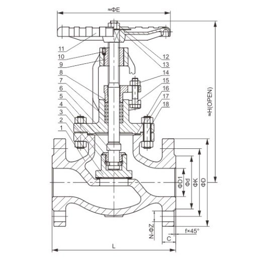 OS&Y JIS 10K Flanged Globe valve Structure diagram