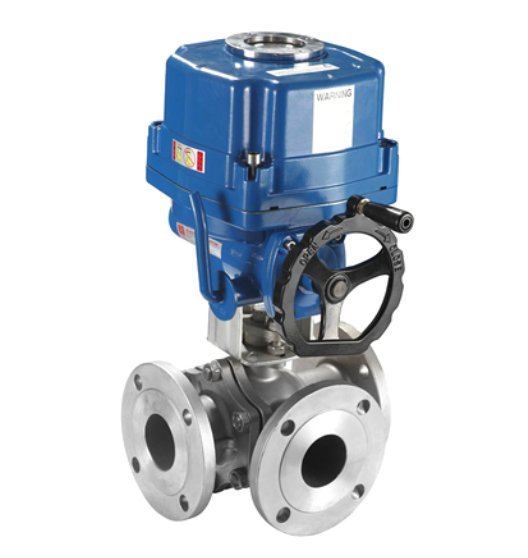 Electric three-way ball valve with manual handwheel